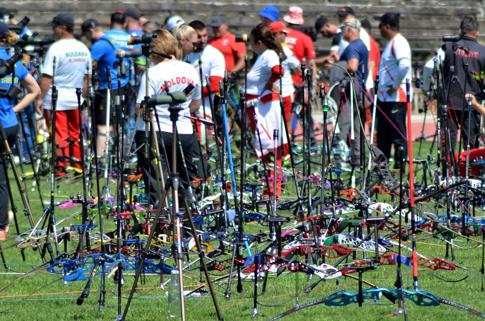 Hundreds of bows on bow stands on a range at the Grand Prix 2022